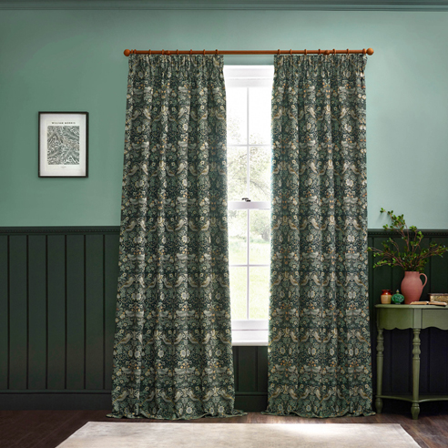 Strawberry Thief Jacquard Pencil Pleat, Forest Green - Ready Made Curtains - Image 3